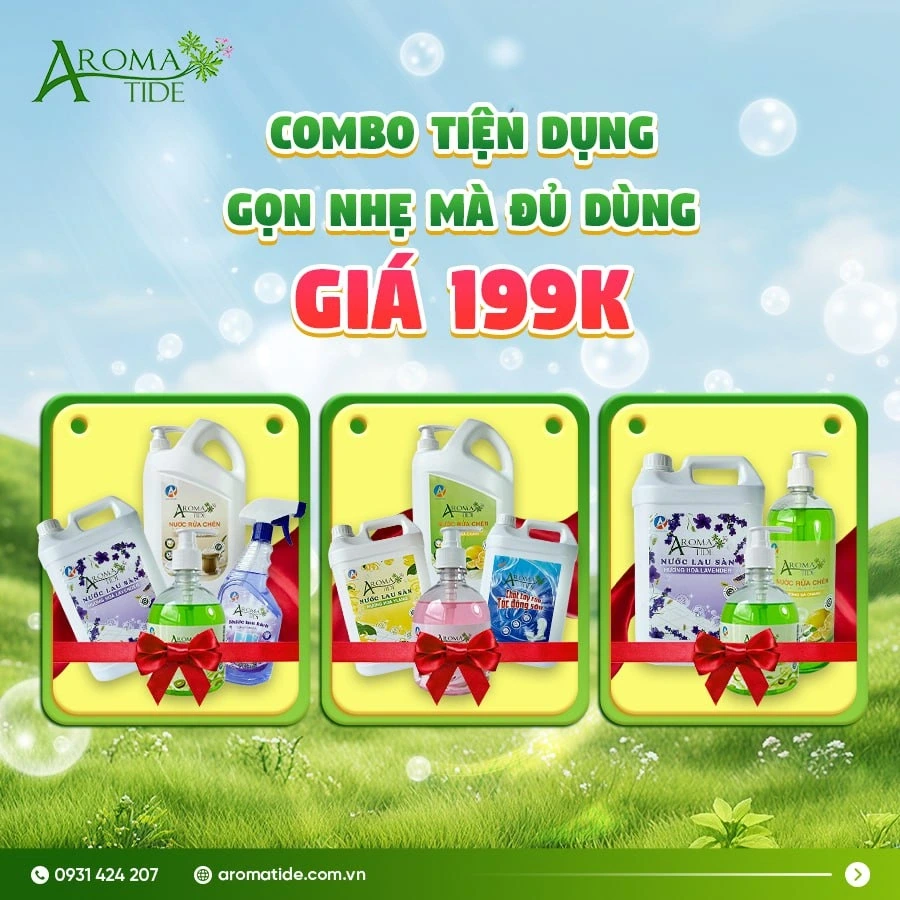 <p>Gọn nhẹ và đủ dùng gồm:</p><ul><li>1 chai nước rửa tay 450g</li><li>1 can nước rửa chén 2kg</li><li>1 can nước lau sàn 5kg</li></ul>