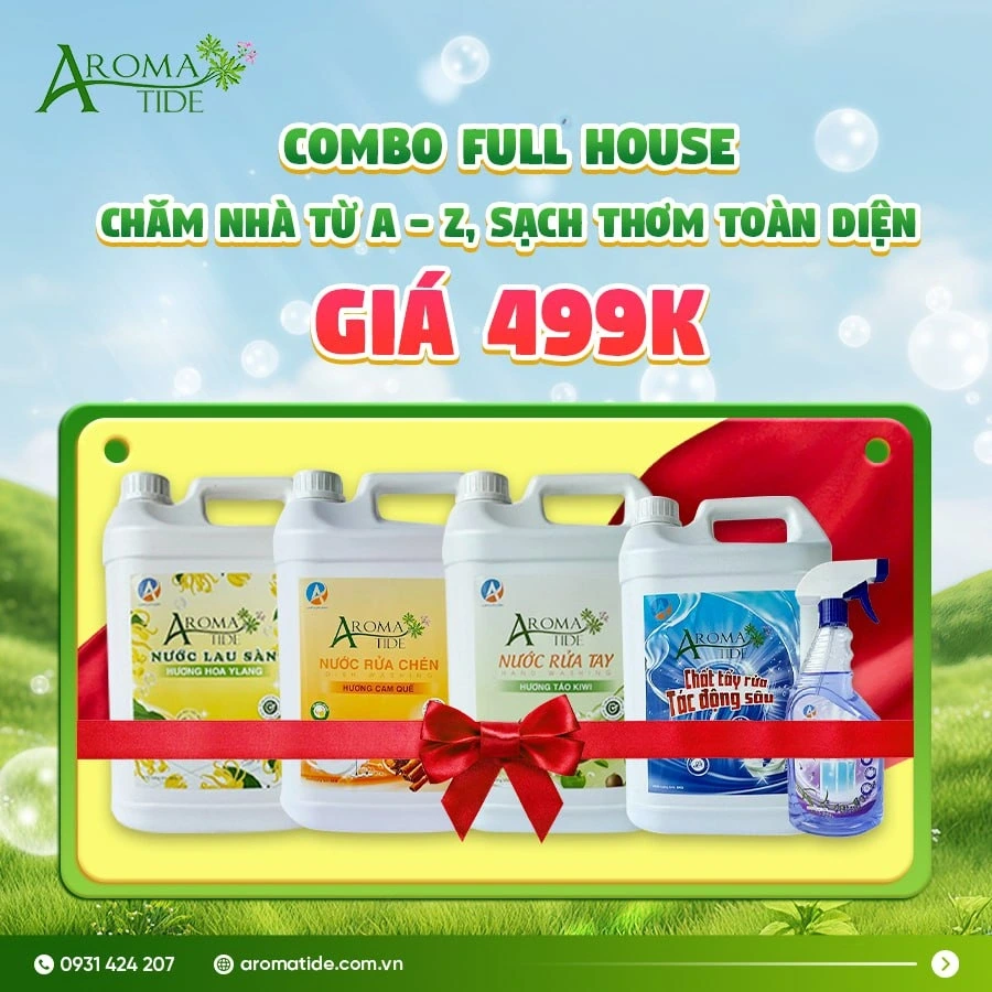 <p>Combo&nbsp;chăm nhà từ A-Z, sạch thơm toàn diện gồm:</p><ul><li>1 chai nước lau kính 700g</li><li>1 chai nước tẩy rửa tác động sâu 900g</li><li>1 can nước rửa tay 5kg</li><li>1 can nước rửa chén 5kg</li><li>1 can nước lau sàn 5kg</li></ul>